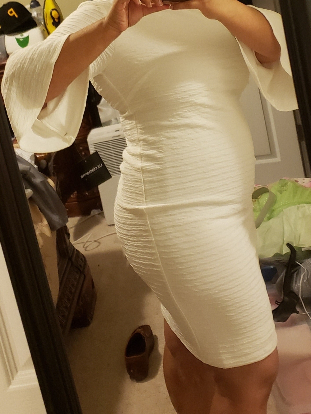 Women's White Textured Bell-Sleeve Dress